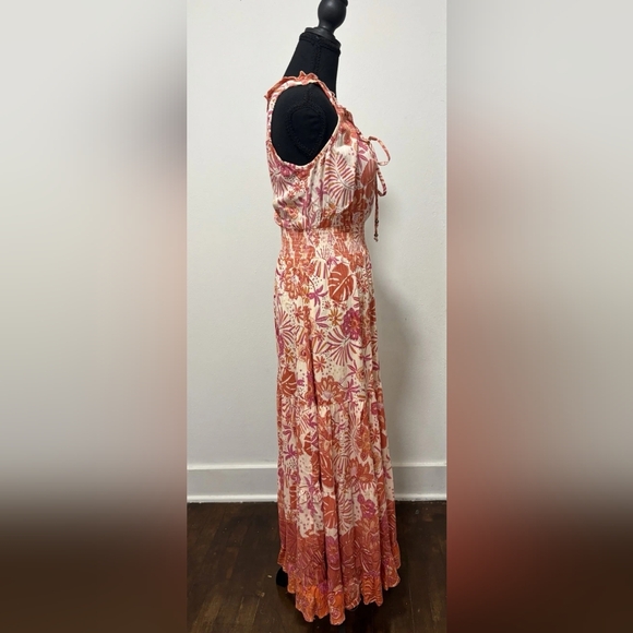 Floral Ruffled Tie-Neck Maxi Dress - Pink & Orange - Picture 2 of 4